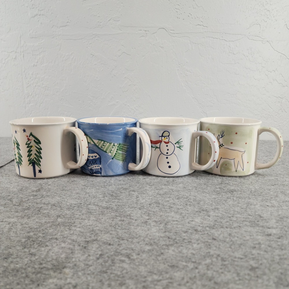 Eddie Bauer Home Christmas Mugs Set‎ of 4 Winter Reindeer Snowman Trees Ceramic